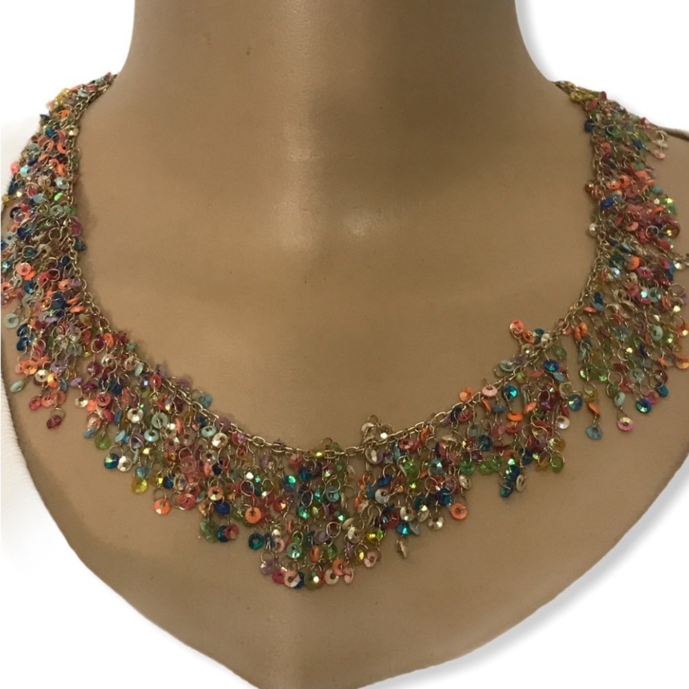 Vintage Statement Necklace rainbow beaded choker Confetti gold silver 7”